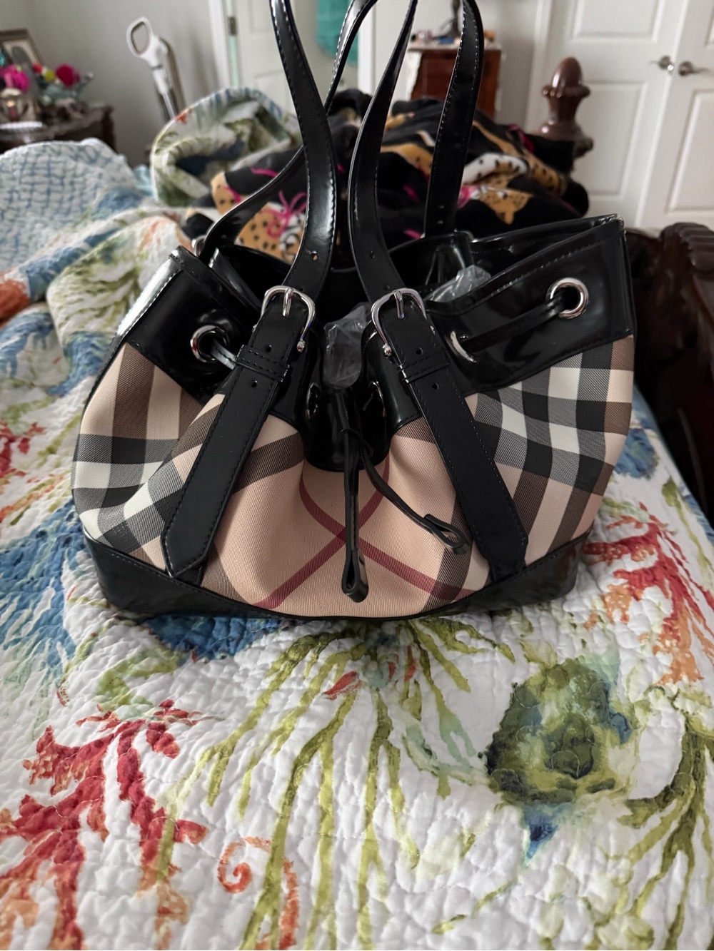 Burberry Black Trim Beige Check Drawstring Shoulder Bag